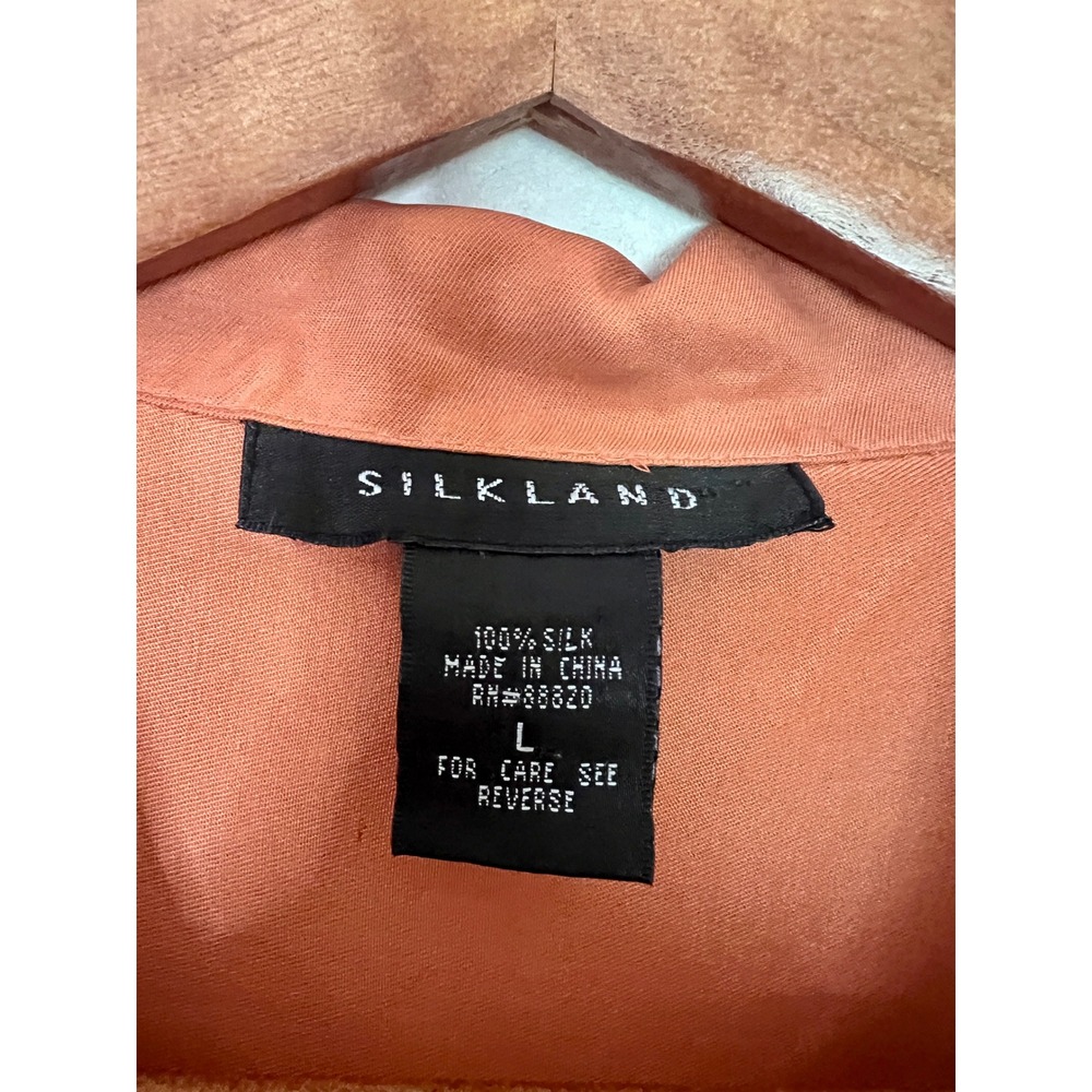 Silkland 100% Silk Button Front Blouse Orange Long Sleeve Size Large - Picture 4 of 7